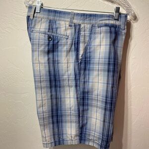 Weatherproof Mens Plaid Shorts Sz 36 Flat Front Blue 100% Cotton